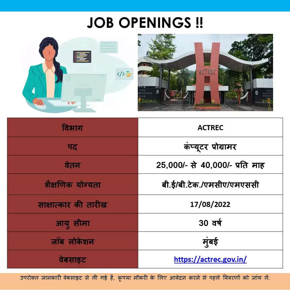 Name of Department: Tata Memorial Center, Advanced Centre for Treatment, Research, and Education Name Of Post: PFF Technician, Scientific Officer, Senior Research Coordinator, Computer Programmer, Attendant, Engineer (Civil), Field Investigator Number of posts: 06+ Application Mode: Interview/Email