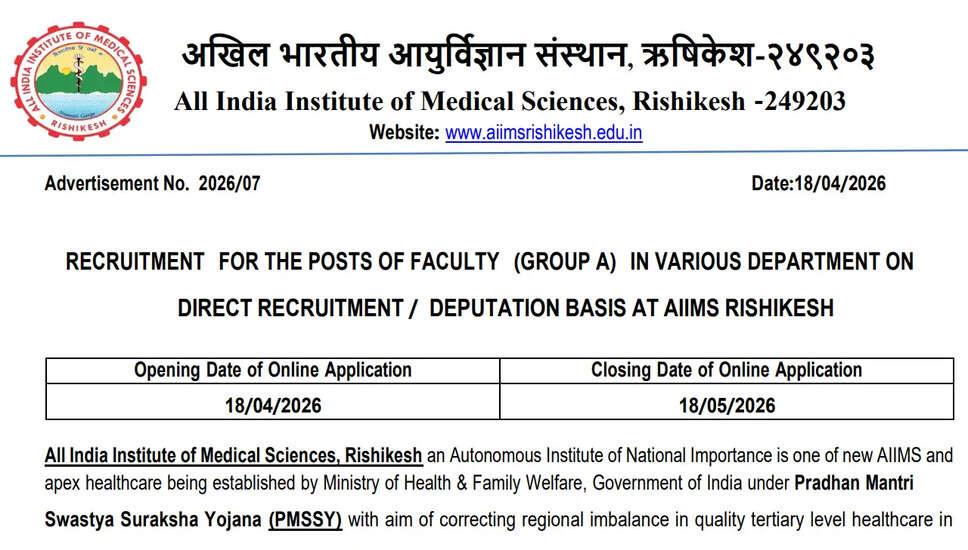 AIIMS Rishikesh में फैकल्टी प्रोफेसर के लिए ऑनलाइन आवेदन 2026