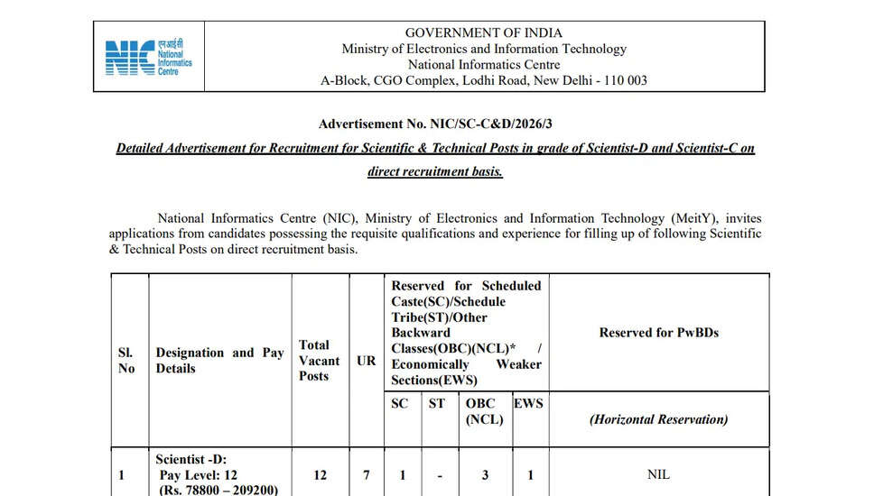 NIC में वैज्ञानिक और तकनीकी अधिकारियों की भर्ती 2026