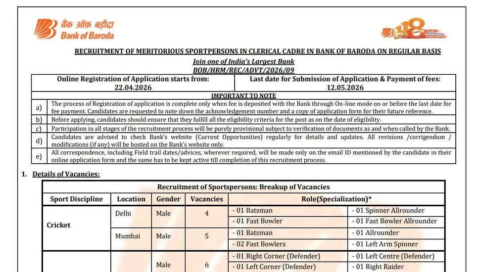 Bank of Baroda Sportsperson Recruitment 2026: Apply for 30 Vacancies