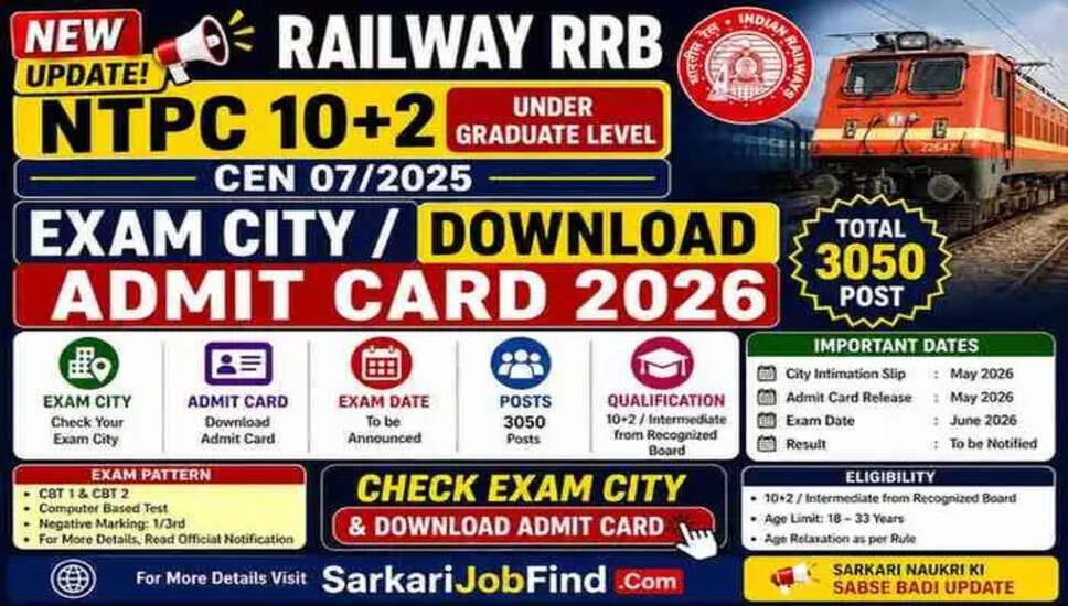 RRB NTPC 10+2 परीक्षा के लिए प्रवेश पत्र डाउनलोड करें - 3050 पदों की भर्ती