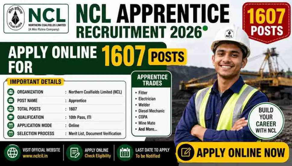 NCL अपरेंटिस भर्ती 2026: 1607 पदों के लिए ऑनलाइन आवेदन करें