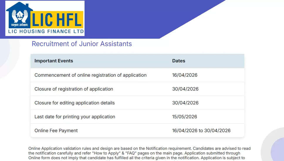 LIC HFL जूनियर असिस्टेंट भर्ती 2026: आवेदन प्रक्रिया और विवरण