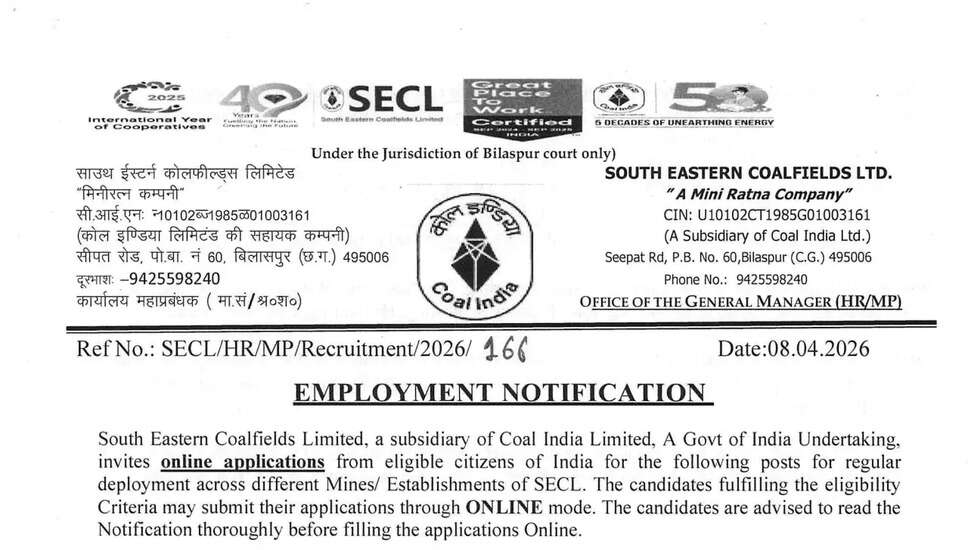 SECL में 2026 के लिए Mining Sirdar और अन्य पदों पर भर्ती