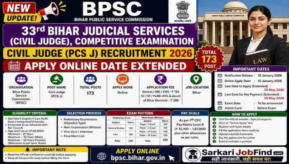 बिहार BPSC 33 सिविल जज भर्ती 2026 के लिए ऑनलाइन आवेदन की तिथि बढ़ाई गई