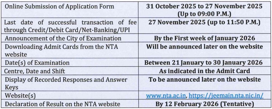 JEE Main 2026 परीक्षा की तिथि में बदलाव: जानें नई तिथियाँ