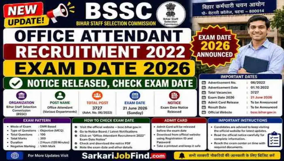 BSSC कार्यालय सहायक भर्ती 2022 परीक्षा तिथि 2026 की सूचना जारी, जानें परीक्षा तिथि