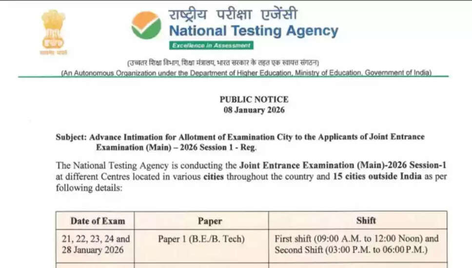 JEE Main 2026 Session 1: Revised Exam Schedule and City Intimation Slip Released