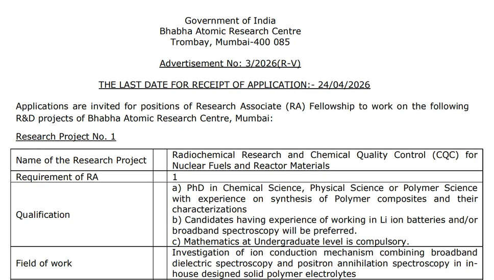 BARC अनुसंधान सहयोगी फैलोशिप 2026 के लिए आवेदन आमंत्रित