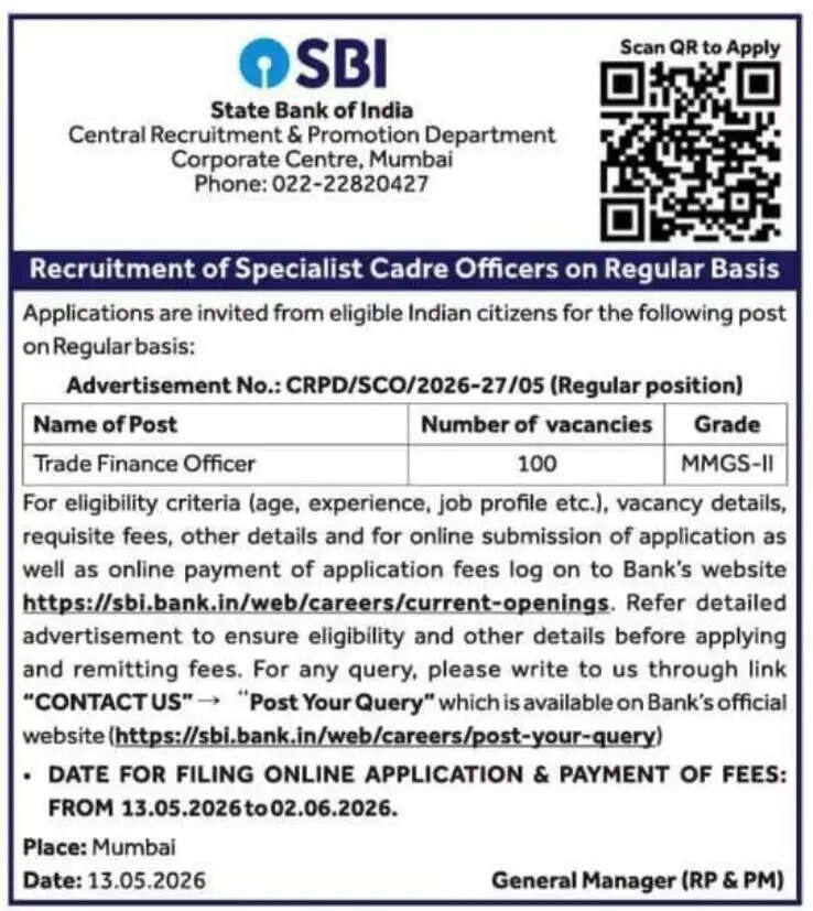 State Bank of India SBI Trade Finance Officer Recruitment 2026: Apply for 100 Vacancies
