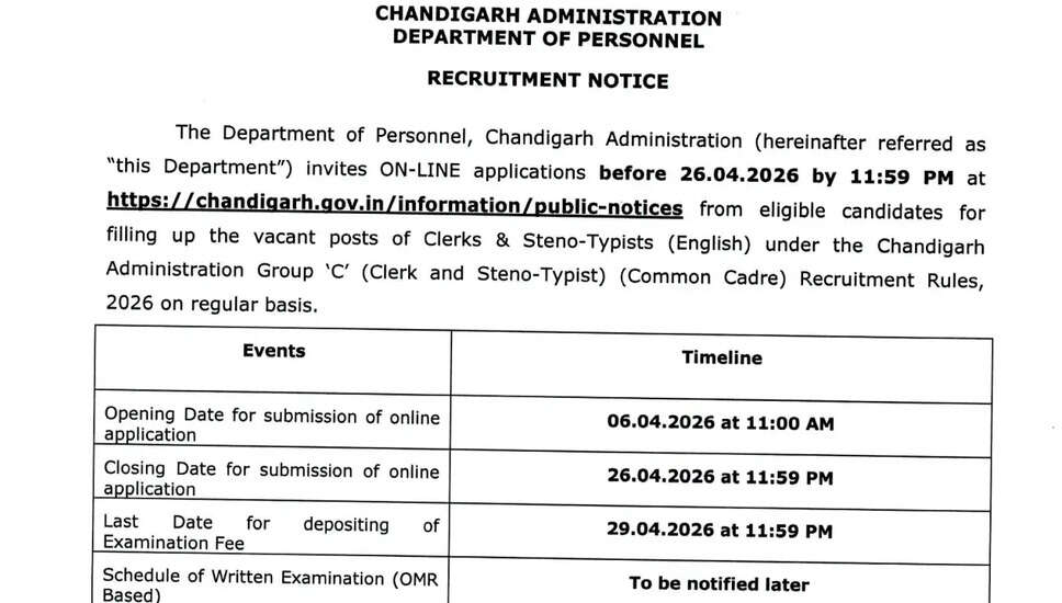 Chandigarh प्रशासन में क्लर्क और स्टेनो-टाइपिस्ट भर्ती 2026