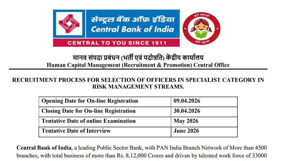 Central Bank of India SO Recruitment 2026: Apply for Specialist Officer Positions