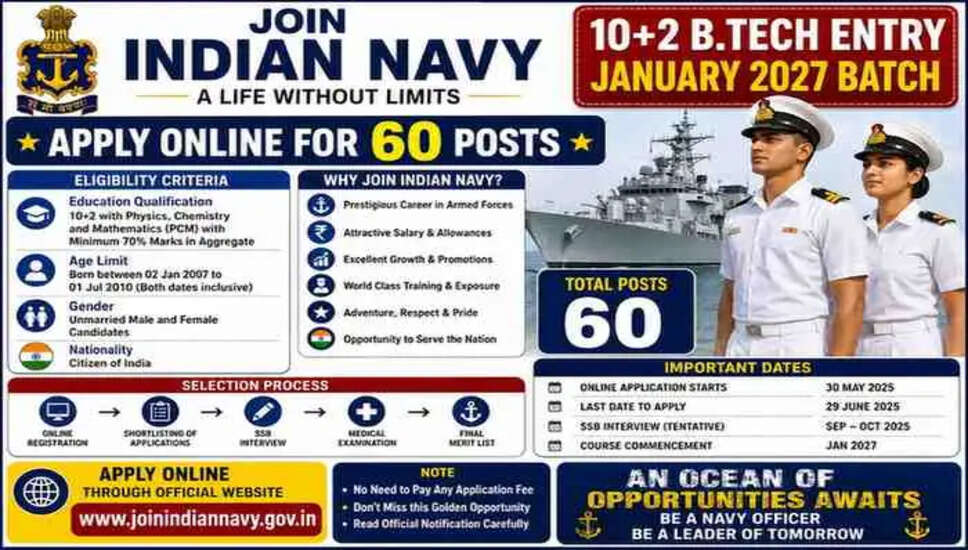 भारतीय नौसेना 10+2 बी.टेक एंट्री जनवरी 2027 बैच के लिए ऑनलाइन आवेदन करें