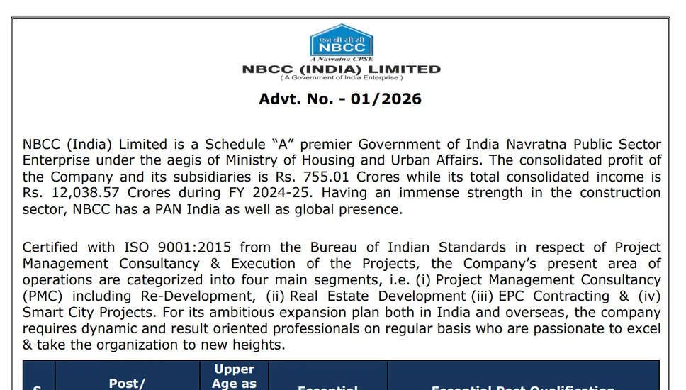 NBCC इंडिया लिमिटेड में 2026 के लिए विभिन्न पदों पर भर्ती