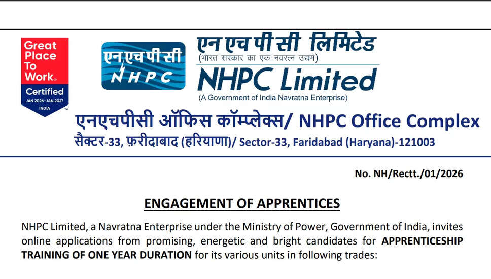 NHPC अपरेंटिस भर्ती 2026: स्नातक, डिप्लोमा और आईटीआई के लिए आवेदन करें