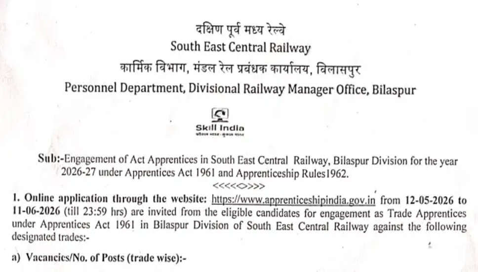 RRC SECR Bilaspur में 1191 अपरेंटिस पदों के लिए ऑनलाइन आवेदन करें