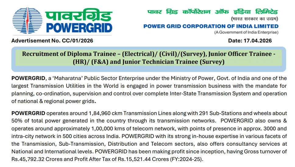 POWERGRID Non-Executive Recruitment 2026: 660 Vacancies Available, Apply Online