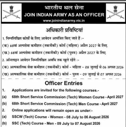 भारतीय सेना SSC टेक 68वीं एंट्री के लिए ऑनलाइन आवेदन 2026