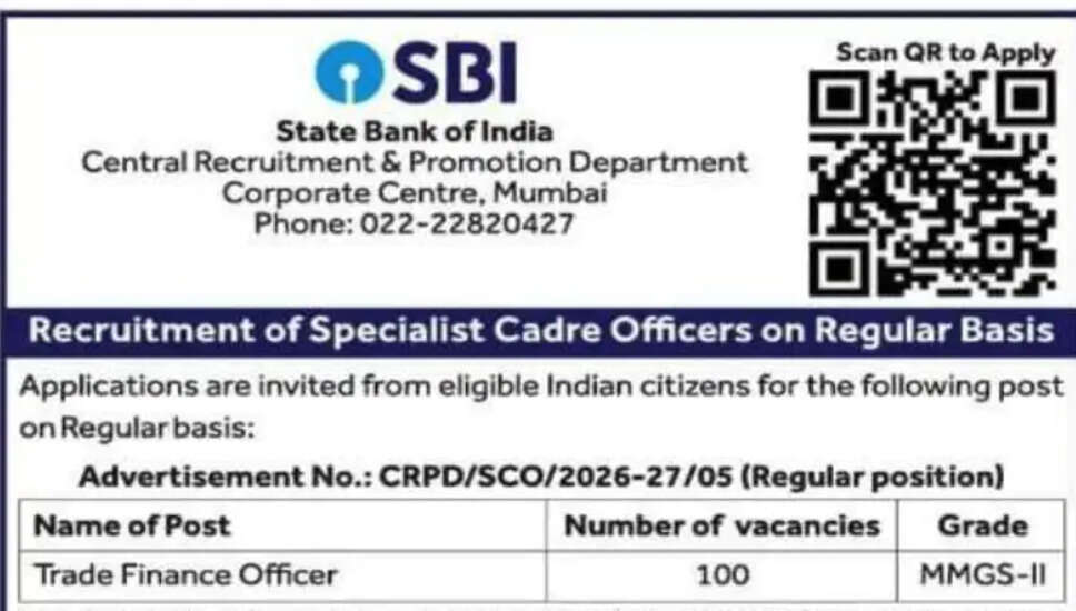 State Bank of India SBI Trade Finance Officer Recruitment 2026: Apply for 100 Vacancies