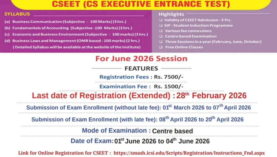 CSEET जून 2026: पंजीकरण की समय सीमा बढ़ी, परीक्षा पैटर्न में बदलाव