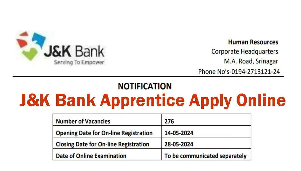 जम्मू और कश्मीर बैंक अपरेंटिस भर्ती 2024: 276 पदों के लिए ऑनलाइन आवेदन करें