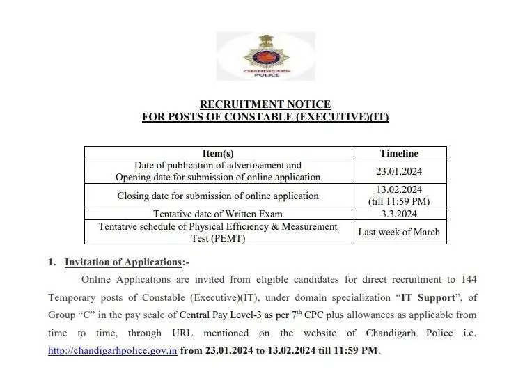 चंडीगढ़ पुलिस में 144 कांस्टेबल (एग्जीक्यूटिव) पदों की भर्ती, 13 फरवरी तक करें आवेदन 