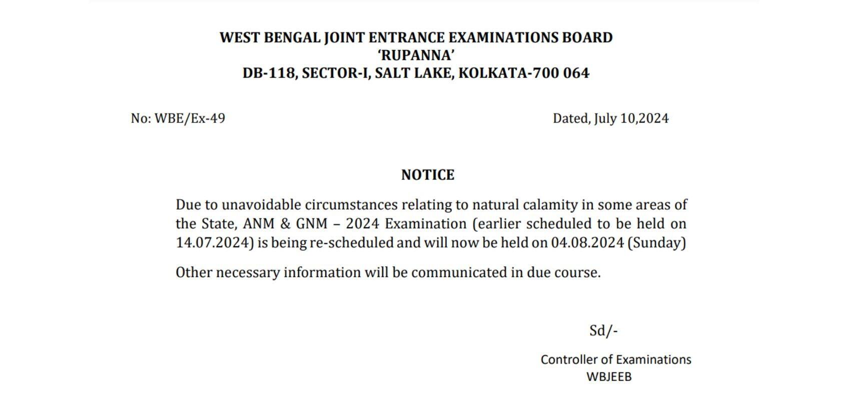 The West Bengal Joint Entrance Examinations Board (WBJEEB) has rescheduled the WB ANM GNM Exam 2024 due to unavoidable weather conditions affecting parts of West Bengal. Here’s all you need to know about the revised exam date and the examination details. Revised WB ANM GNM Exam Date 2024 Initially scheduled for July 14, 2024, the WB ANM GNM Exam has been postponed to: New Exam Date: August 4, 2024 (Sunday) Reason for Rescheduling The rescheduling of the WB ANM GNM Exam 2024 is due to natural calamities affecting certain areas in West Bengal, necessitating a change in the examination dates for the safety and convenience of the candidates. About WB ANM GNM Exam 2024 The WB ANM GNM Exam is conducted by WBJEEB for admission to nursing courses in the state of West Bengal. Here are some key details about the exam: Courses: Auxillary Nursing and Midwifery (ANM) and General Nursing and Midwifery (GNM) Mode of Exam: Pen and paper-based test (OMR sheet filling mode) Total Seats: There are a total of 500 seats available for the ANM programme across various nursing colleges in West Bengal, with 263 seats reserved and 237 seats unreserved. How to Prepare for WB ANM GNM Exam 2024? To prepare effectively for the WB ANM GNM Exam 2024, candidates should: Review the revised exam schedule and ensure availability on August 4, 2024. Gather study materials and previous years’ question papers for practice. Stay updated with any further announcements or notifications from WBJEEB regarding the exam.