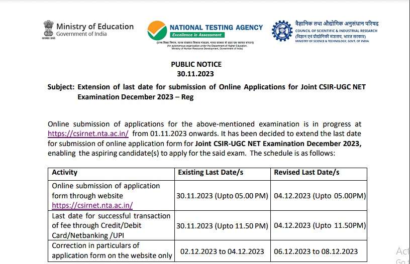 Joint CSIR UGC NET December 2023 Application Window Extended Till Dec 4th	