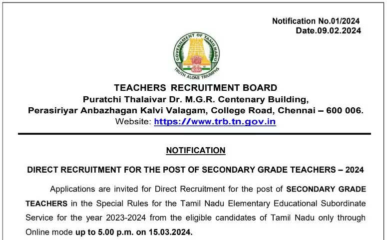 TRB Tamil Nadu Secondary Grade Teacher Recruitment 2024: Last Date Extended