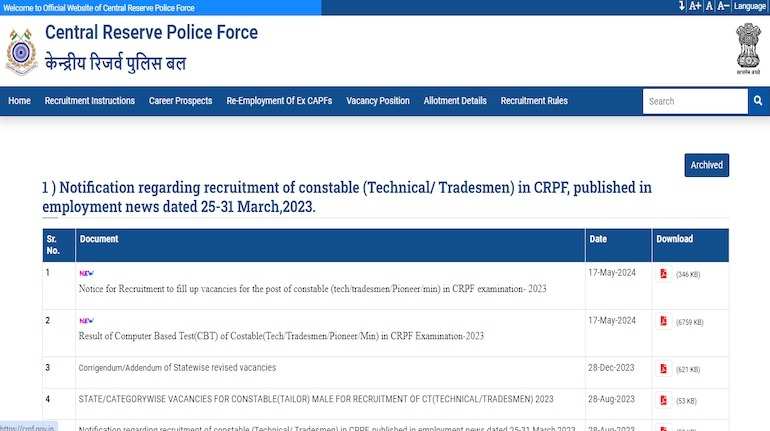 CRPF Constable (Technical & Tradesmen) Computer-Based Test Result 2023 Declared