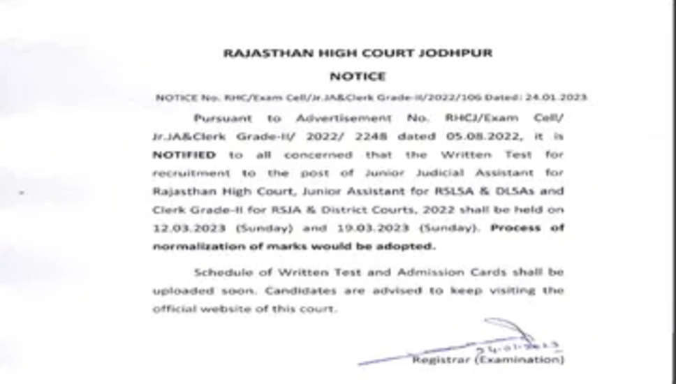राजस्थान एचसी परीक्षा दिनांक 2023 घोषित: राजस्थान उच्च न्यायालय ने कुछ समय पहले कई पदों पर भर्ती के लिए विज्ञापन जारी किया था। इस भर्ती अभियान के तहत 2500 से अधिक पद भरे जाने हैं, जिसके लिए बड़ी संख्या में उम्मीदवारों ने आवेदन किया है. इन भर्तियों को लेकर ताजा खबर यह है कि राजस्थान एचसी ने इस भर्ती के लिए परीक्षा तिथियों की घोषणा कर दी है। इसके अनुसार, राजस्थान उच्च न्यायालय भर्ती परीक्षा 12 और 19 मार्च 2023 को आयोजित की जाएगी।  इन पदों पर भर्ती की जाएगी  इस राजस्थान उच्च न्यायालय भर्ती अभियान के माध्यम से कुल 2756 पद भरे जाएंगे। इसके तहत जूनियर ज्यूडिशियल असिस्टेंट, जूनियर असिस्टेंट और क्लर्क ग्रेड II जैसे विभिन्न पदों पर भर्ती की जाएगी।  यह भी जान लें कि लिखित परीक्षा का कार्यक्रम जल्द ही आधिकारिक वेबसाइट पर अपडेट किया जाएगा। उम्मीदवार लेटेस्ट अपडेट के लिए समय-समय पर ऑफिशियल वेबसाइट चेक करते रहें. ऐसा करने के लिए आधिकारिक वेबसाइट का पता है- hcraj.nic.in।