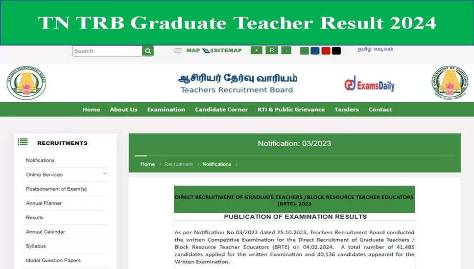 TN TRB, तमिलनाडु स्नातक शिक्षक/बीआरटीई परिणाम 2024 – संशोधित परिणाम जारी