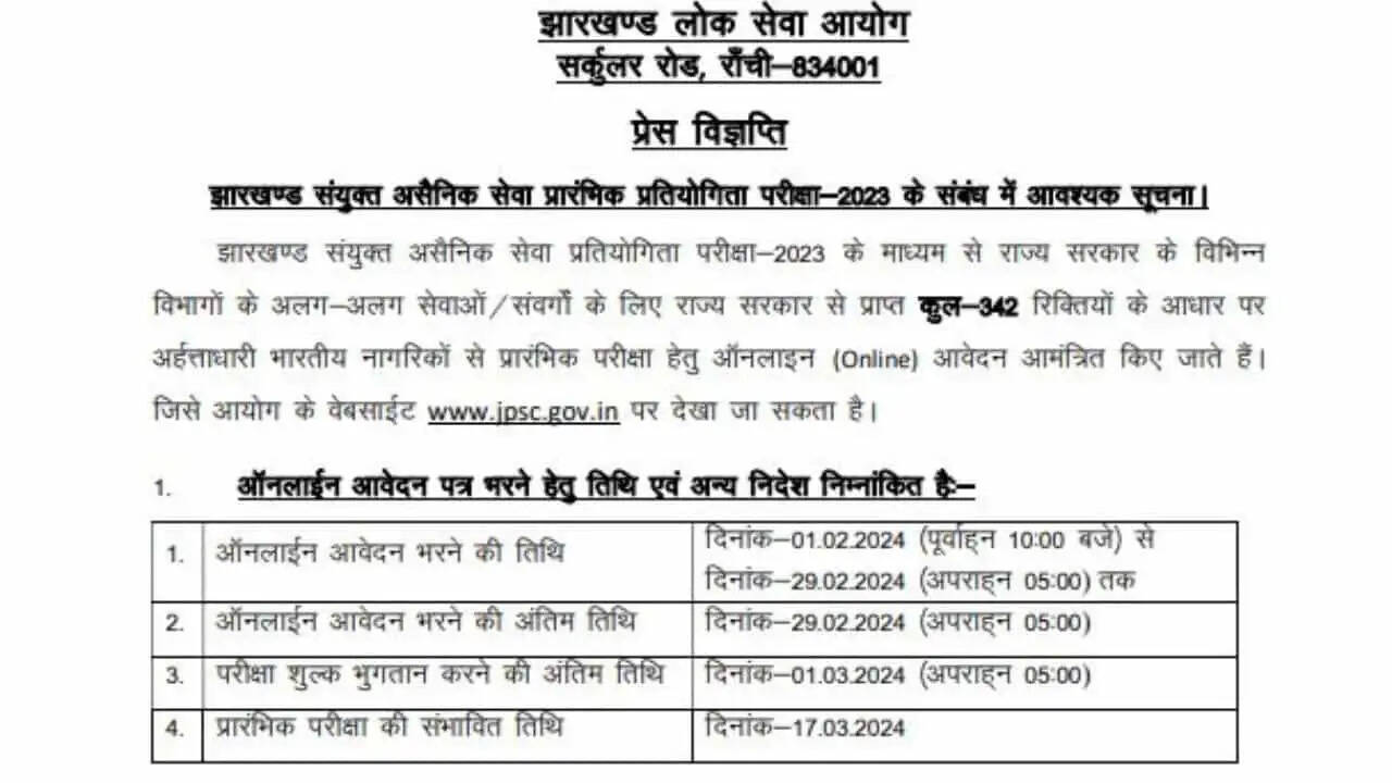 झारखंड लोक सेवा आयोग ने 342 रिक्त पदों के लिए भर्ती अधिसूचना जारी की: सीसीएसई 2023 के लिए आवेदन करें! 