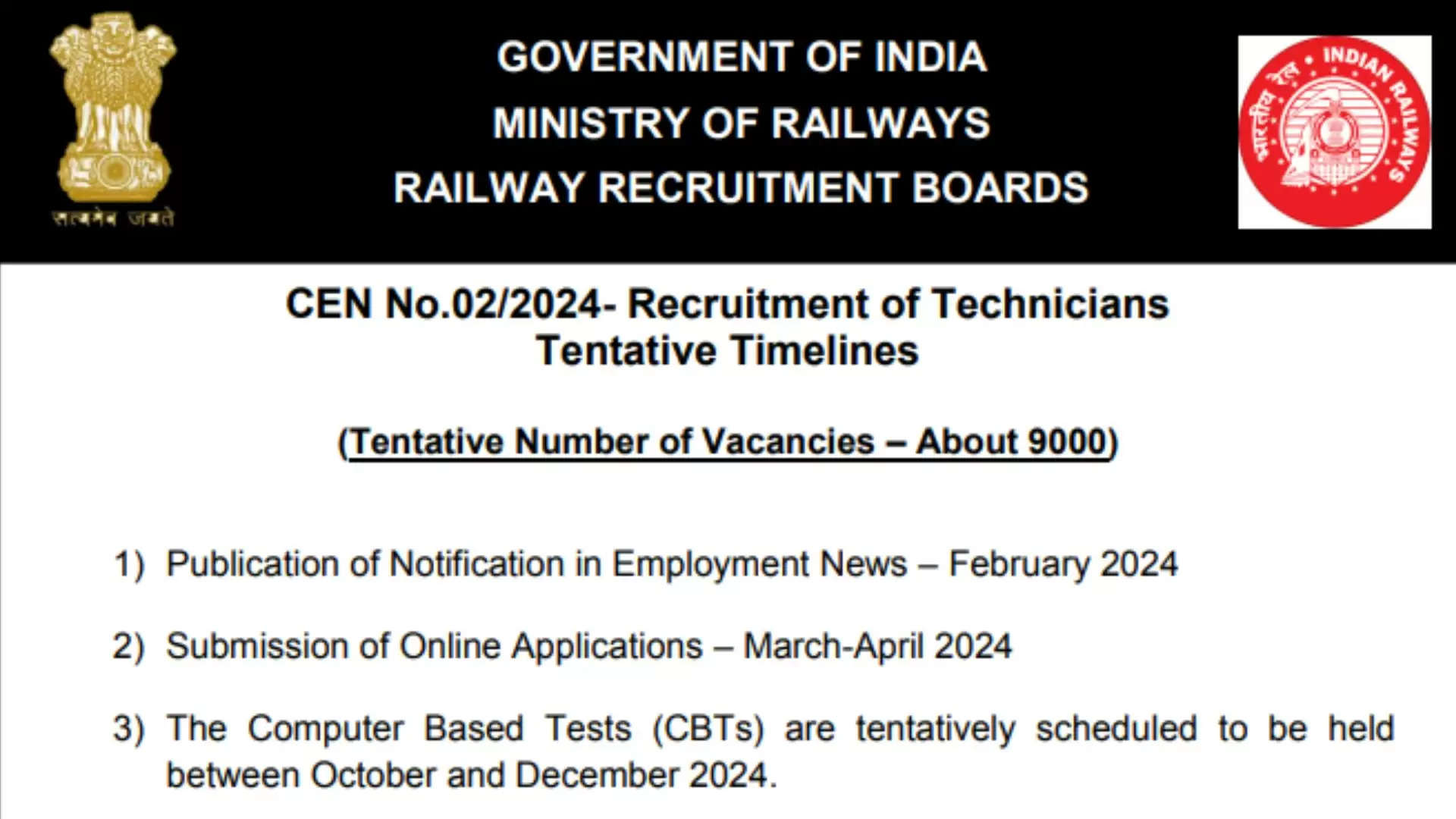 रेलवे भर्ती बोर्ड RRB तकनीशियन भर्ती 2024: CEN 02/2024 के तहत 9144 पदों के लिए ऑनलाइन आवेदन करें