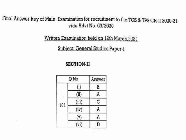 TPSC TCS & TPS Gr-II Answer Key 2023: Mains Final Answer Key Released