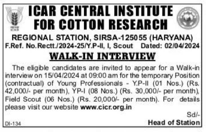 ICAR-CICR Releases 2024 Notification for Recruitment of Young Professionals-II