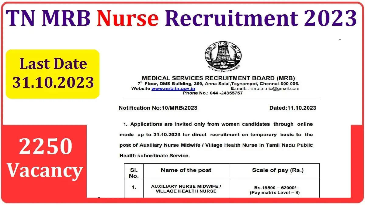 TN MRB ANM/ग्रामीण स्वास्थ्य नर्स भर्ती 2023: 2250 पदों के लिए ऑनलाइन आवेदन करें 