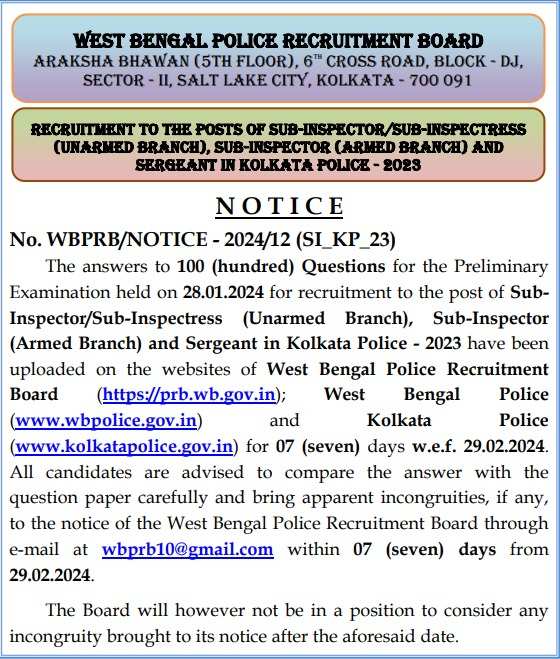 West Bengal Police Sub Inspector/Sub-Inspectress, Sergeant Preliminary Final Exam Answer Key 2024 Published: Download now 