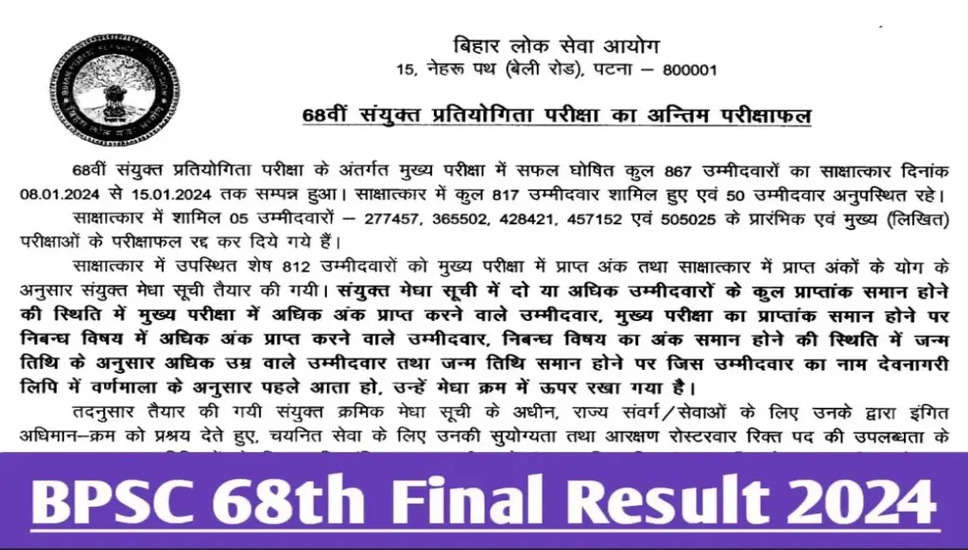 बिहार बीपीएससी 68वीं भर्ती 2022 अंतिम परिणाम 2024 जारी! 281 पदों के लिए अपनी रैंक देखें