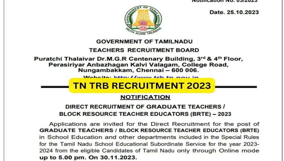 परिचय: तमिलनाडु के शिक्षक भर्ती बोर्ड (TRB) ने स्नातक शिक्षक/ ब्लॉक संसाधन शिक्षक प्रशिक्षक (BRTE) के रिक्त पदों की भर्ती के बारे में एक अधिसूचना जारी की है। यदि आप इन शिक्षण पदों में रुचि रखते हैं और पात्रता मानदंडों को पूरा करते हैं, तो इस भर्ती के बारे में और अधिक जानने के लिए निम्नलिखित देखें।