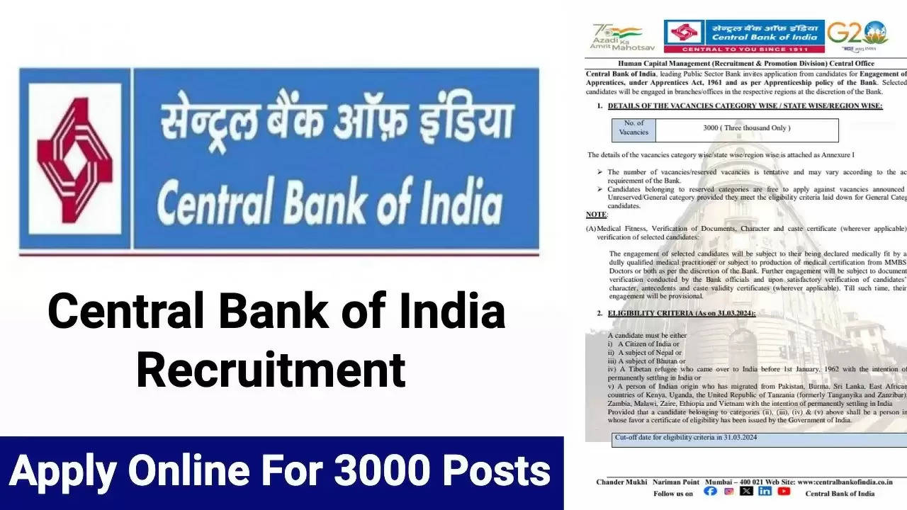 Central Bank of India Apprentice Recruitment 2024: Reopened Application for 3000 Vacancies