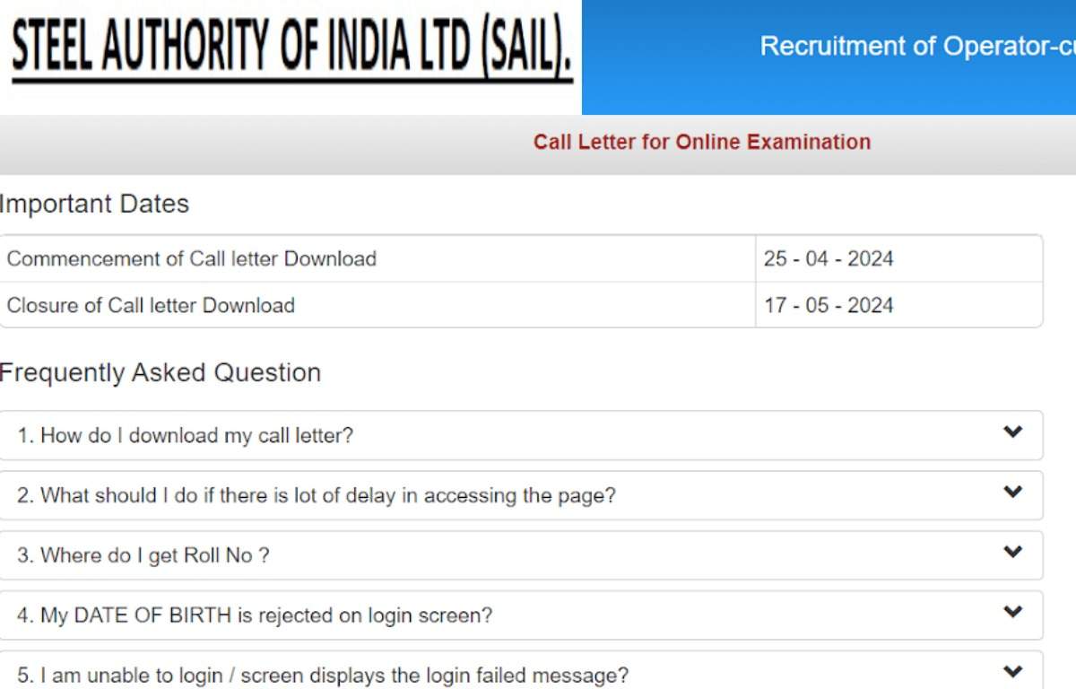 SAIL Operator Cum Technician Online Exam Call Letter 2024 Out, Get Yours Now
